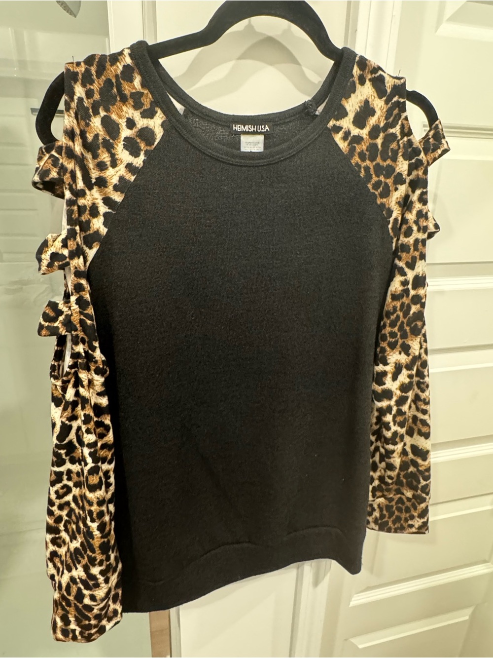 HEIMISH USA Black Knit Top with Leopard Print Raglan Sleeves